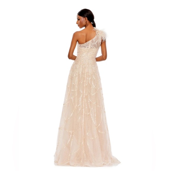 Feathered one shoulder A-line embroidered long gown - Picture 3 of 11